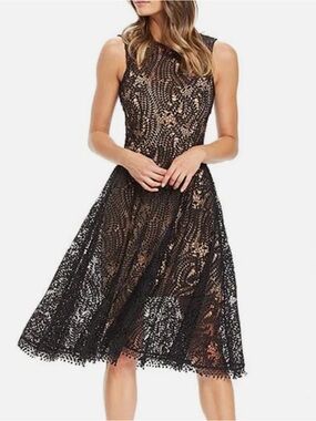 Dress the Population Shane Lace Black Beige Midi Dress Size M